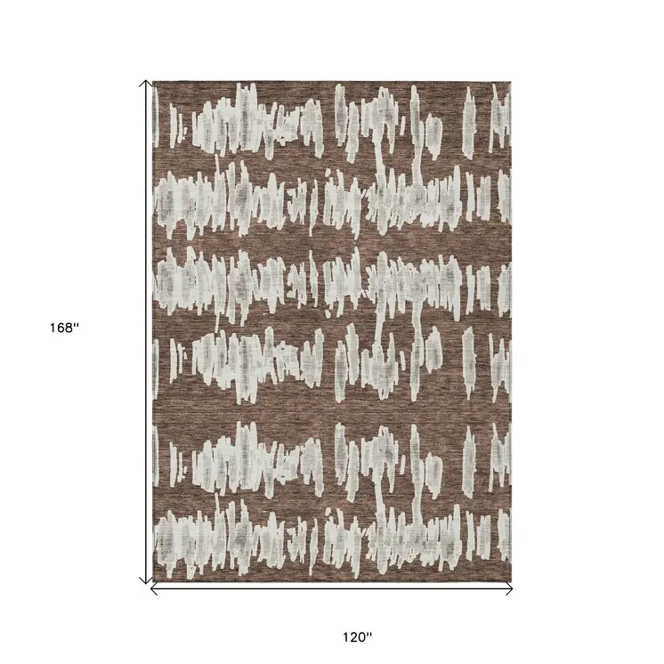 10' X 14' Brown Ivory And Gray Striped Washable Indoor Outdoor Area Rug