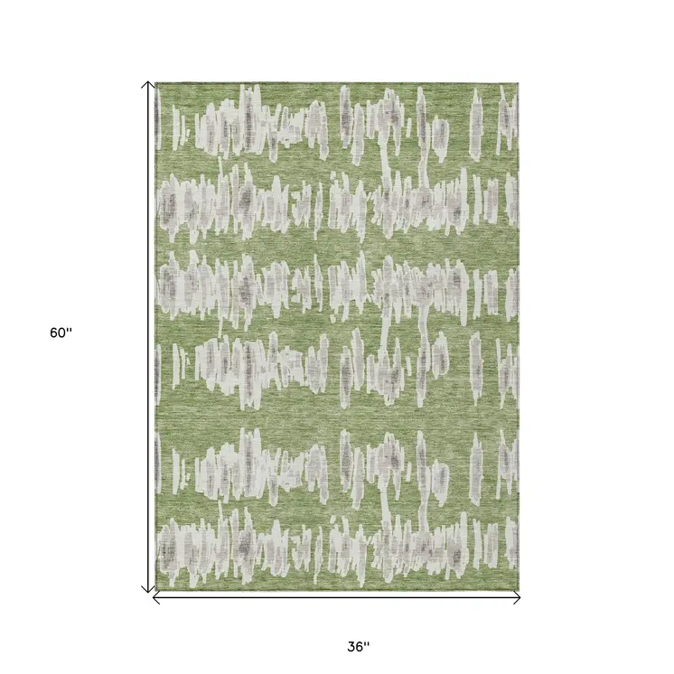 3' X 5' Green Gray And Ivory Striped Washable Indoor Outdoor Area Rug