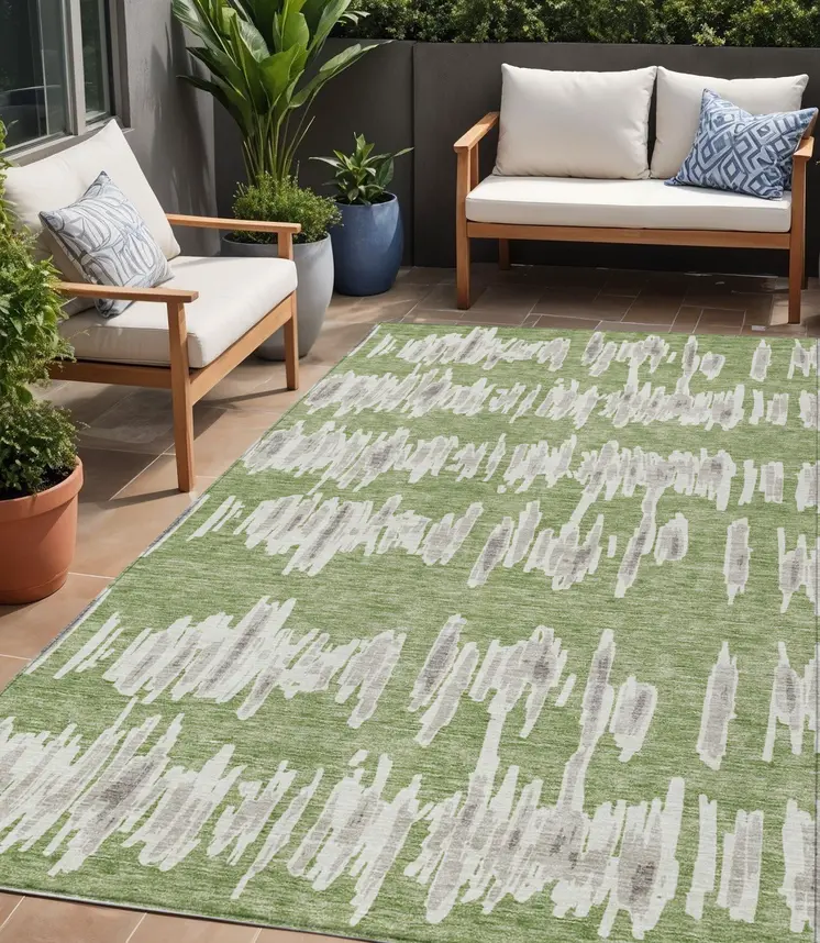 5' X 8' Green Gray And Ivory Striped Washable Indoor Outdoor Area Rug