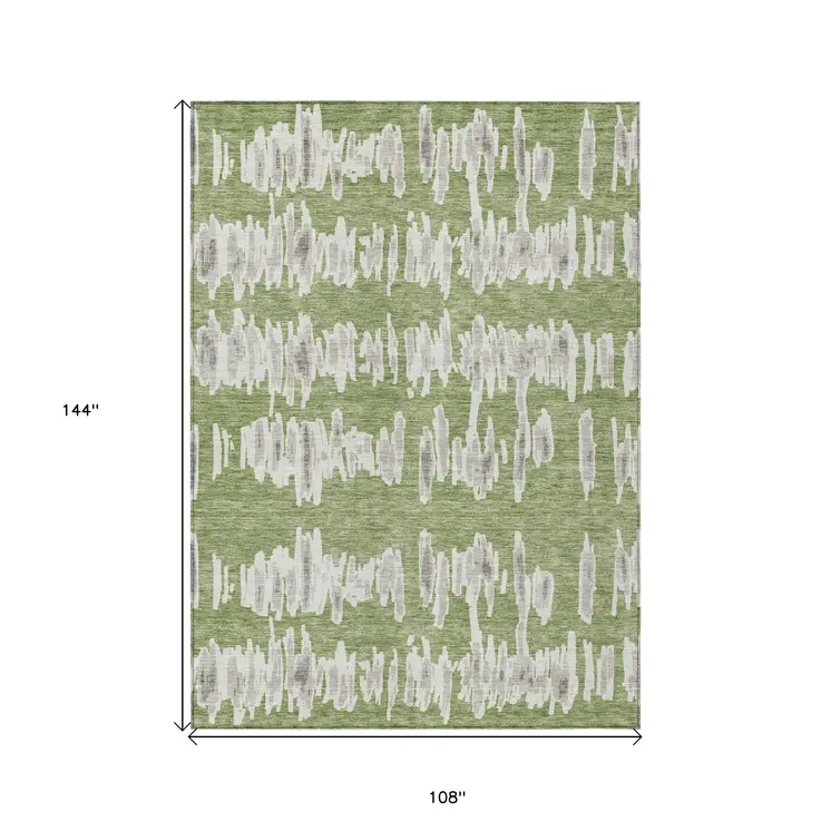 9' X 12' Green Gray And Ivory Striped Washable Indoor Outdoor Area Rug