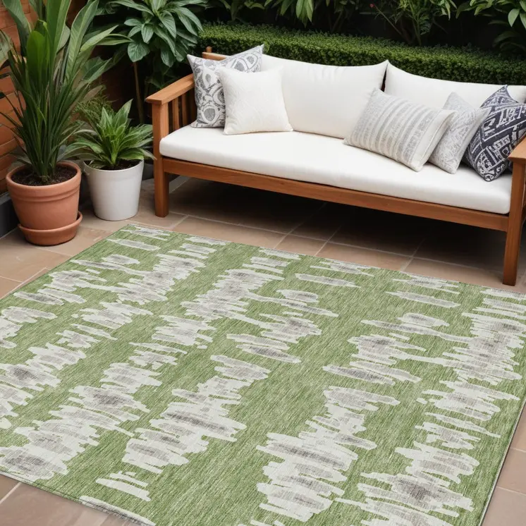 9' X 12' Green Gray And Ivory Striped Washable Indoor Outdoor Area Rug