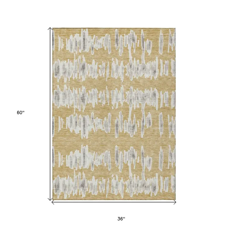 3' X 5' Gold Gray And Ivory Striped Washable Indoor Outdoor Area Rug