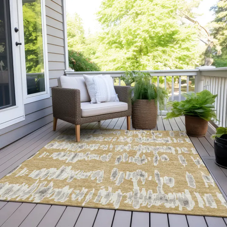 3' X 5' Gold Gray And Ivory Striped Washable Indoor Outdoor Area Rug