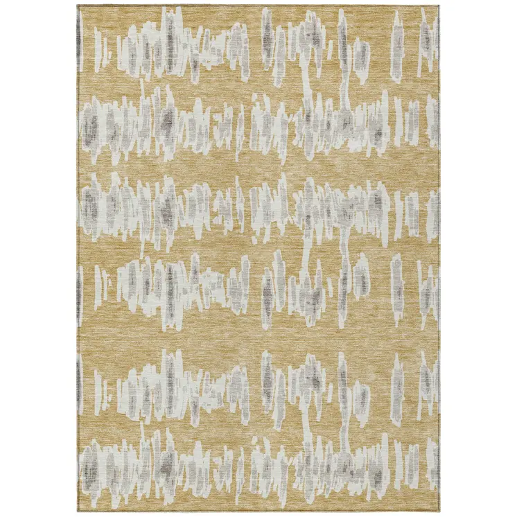 3' X 5' Gold Gray And Ivory Striped Washable Indoor Outdoor Area Rug