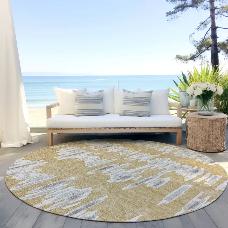 8' Gold Gray And Ivory Round Striped Washable Indoor Outdoor Area Rug