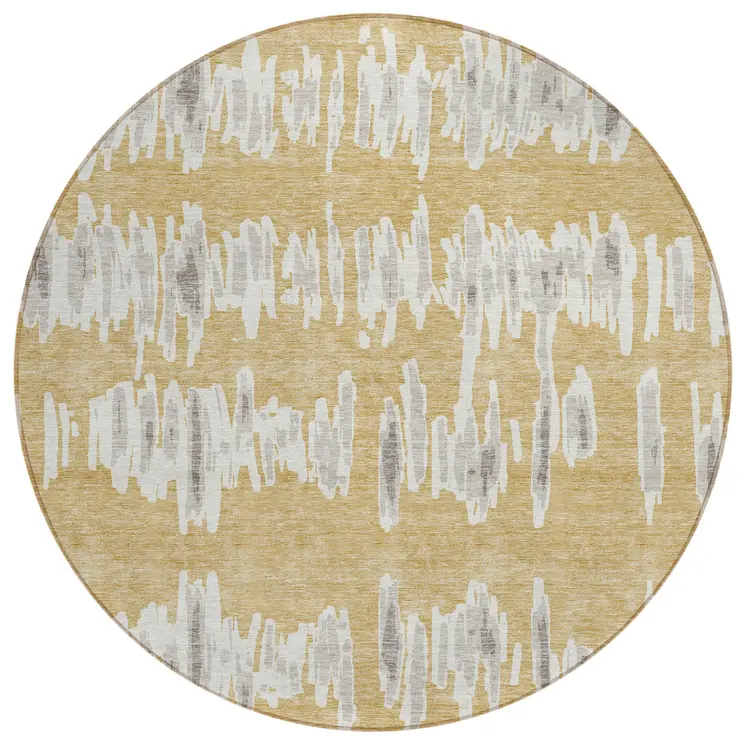 8' Gold Gray And Ivory Round Striped Washable Indoor Outdoor Area Rug
