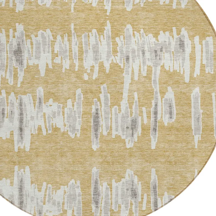 8' Gold Gray And Ivory Round Striped Washable Indoor Outdoor Area Rug
