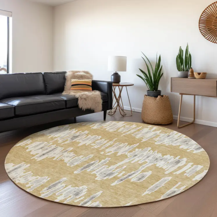 8' Gold Gray And Ivory Round Striped Washable Indoor Outdoor Area Rug