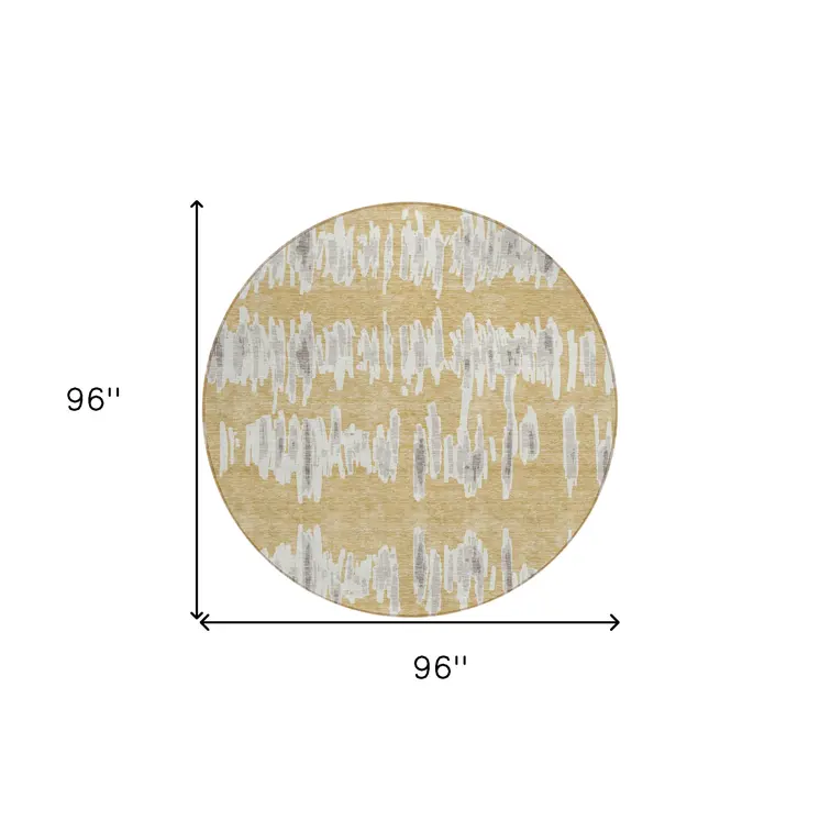 8' Gold Gray And Ivory Round Striped Washable Indoor Outdoor Area Rug