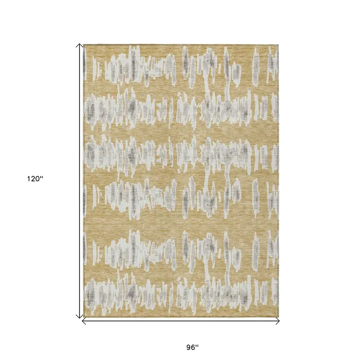 8' X 10' Gold Gray And Ivory Striped Washable Indoor Outdoor Area Rug