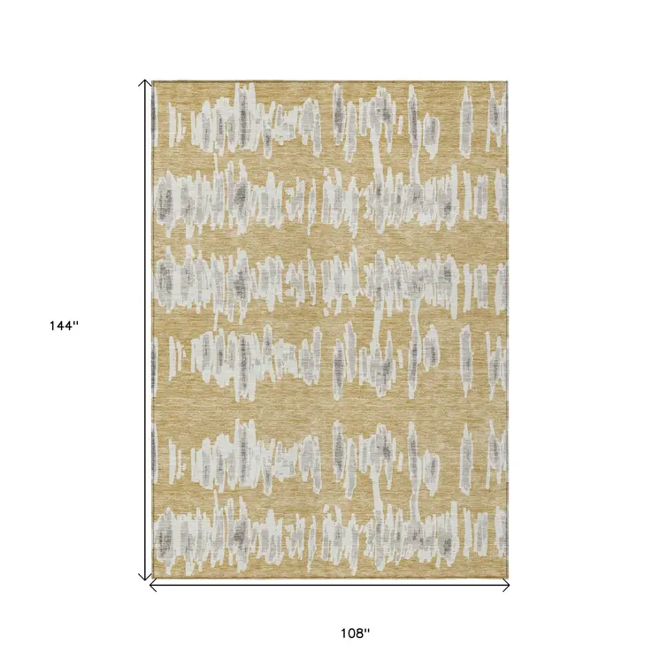 9' X 12' Gold Gray And Ivory Striped Washable Indoor Outdoor Area Rug