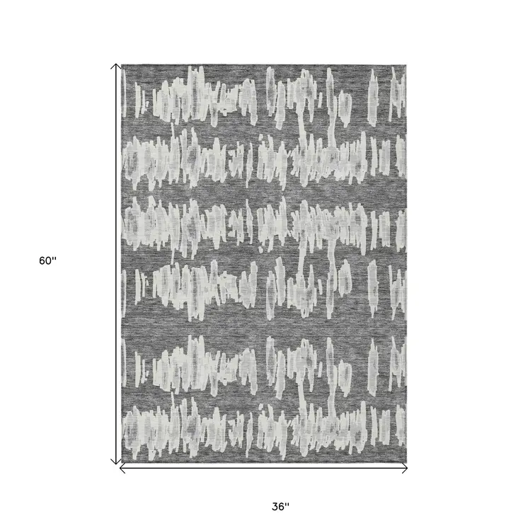 3' X 5' Gray And Ivory Striped Washable Indoor Outdoor Area Rug