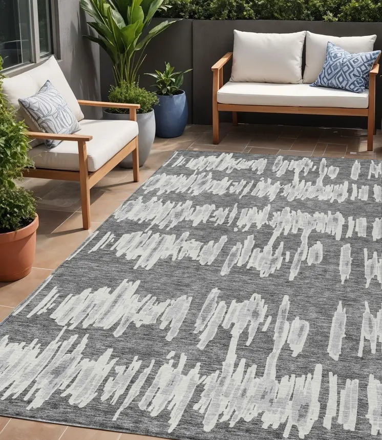 5' X 8' Gray And Ivory Striped Washable Indoor Outdoor Area Rug