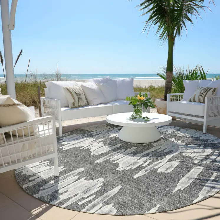 8' Gray And Ivory Round Striped Washable Indoor Outdoor Area Rug