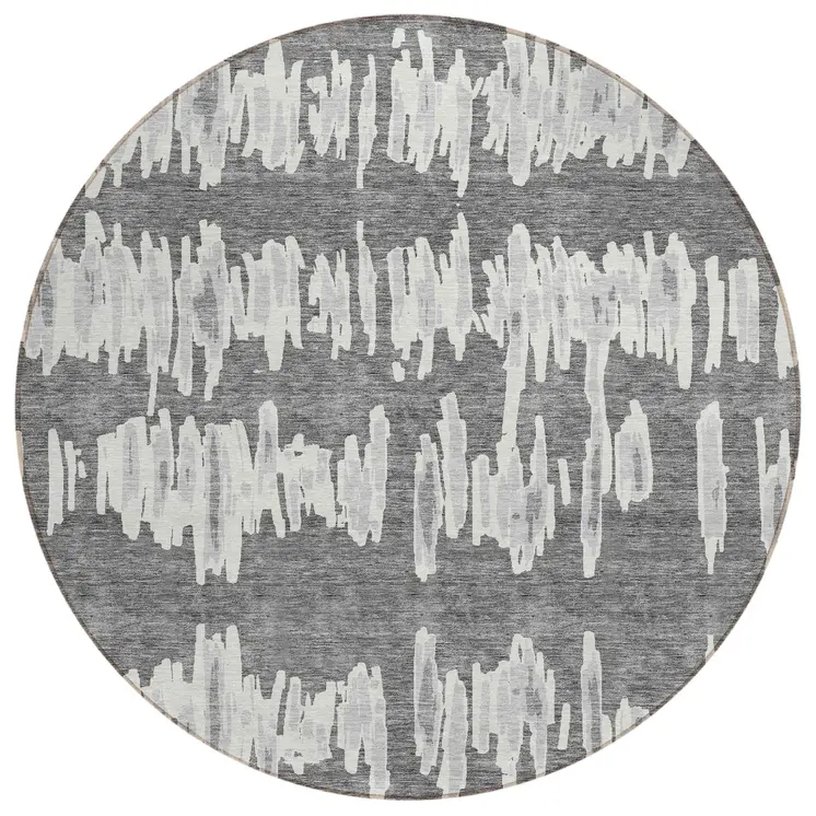 8' Gray And Ivory Round Striped Washable Indoor Outdoor Area Rug