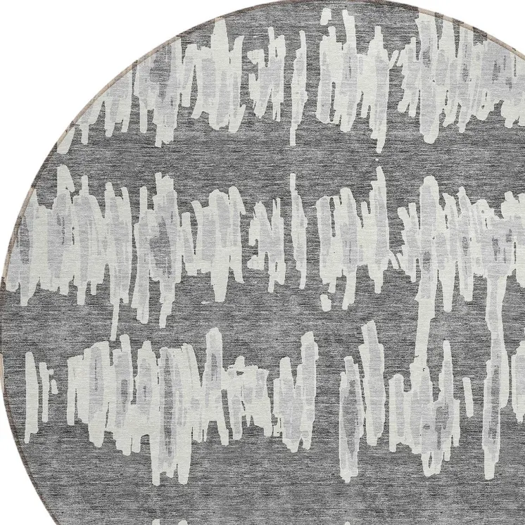 8' Gray And Ivory Round Striped Washable Indoor Outdoor Area Rug