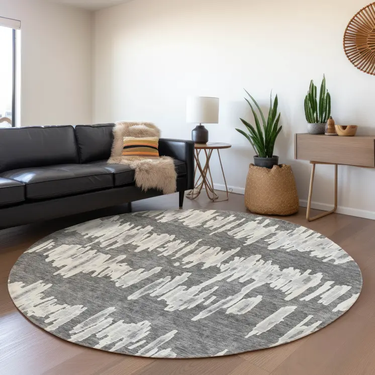 8' Gray And Ivory Round Striped Washable Indoor Outdoor Area Rug