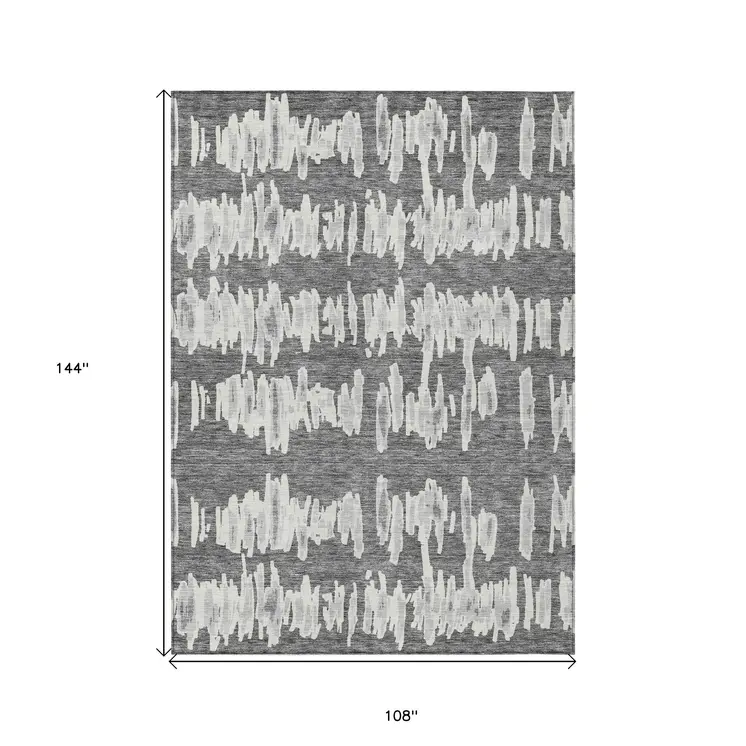 9' X 12' Gray And Ivory Striped Washable Indoor Outdoor Area Rug