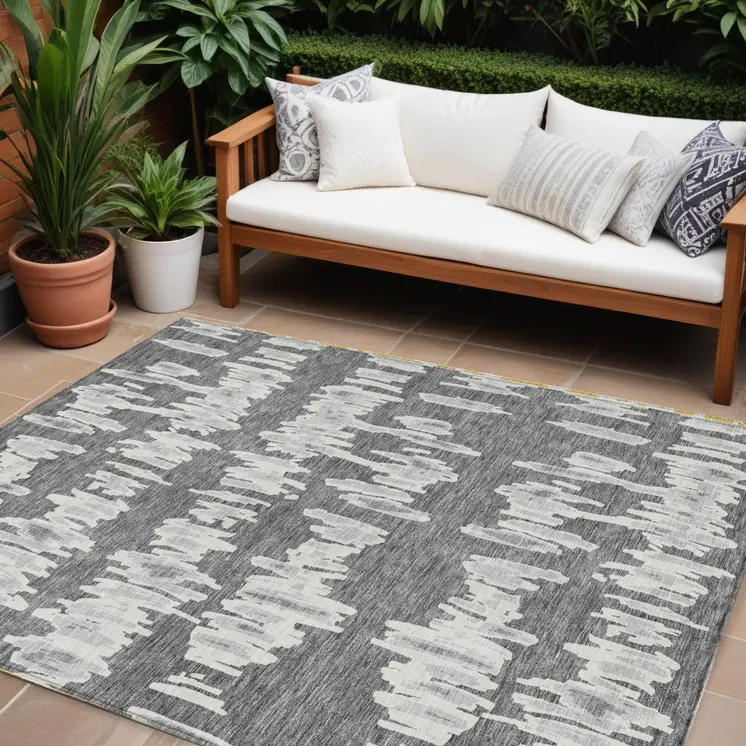 10' X 14' Gray And Ivory Striped Washable Indoor Outdoor Area Rug