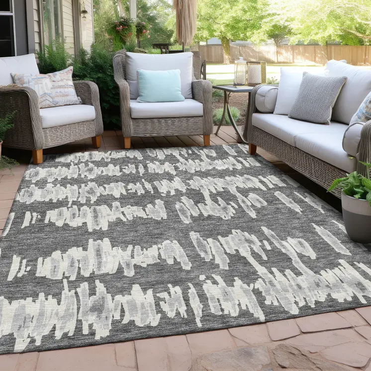 10' X 14' Gray And Ivory Striped Washable Indoor Outdoor Area Rug