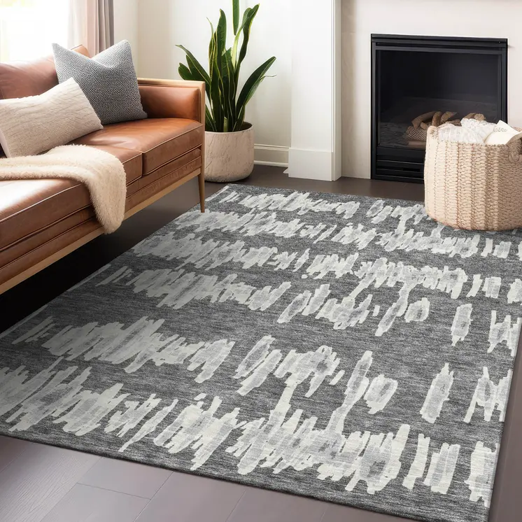 10' X 14' Gray And Ivory Striped Washable Indoor Outdoor Area Rug