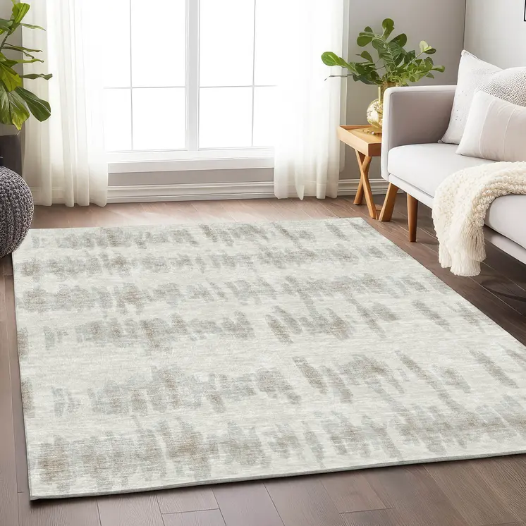 5' X 8' Ivory Brown And Gray Striped Washable Indoor Outdoor Area Rug