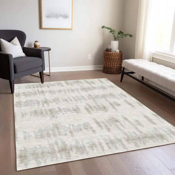 5' X 8' Ivory Brown And Gray Striped Washable Indoor Outdoor Area Rug