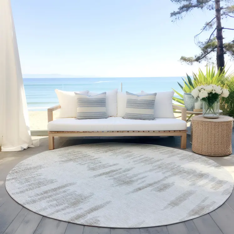 8' Ivory Brown And Gray Round Striped Washable Indoor Outdoor Area Rug