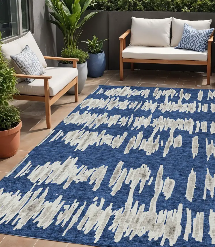 5' X 8' Navy Blue Gray And Ivory Striped Washable Indoor Outdoor Area Rug