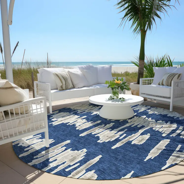 8' Navy Blue Gray And Ivory Round Striped Washable Indoor Outdoor Area Rug
