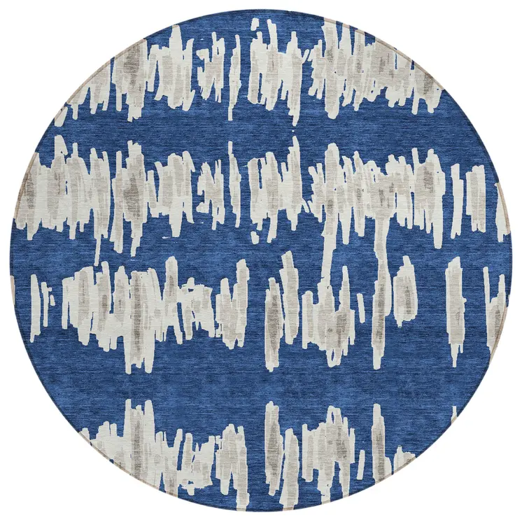 8' Navy Blue Gray And Ivory Round Striped Washable Indoor Outdoor Area Rug