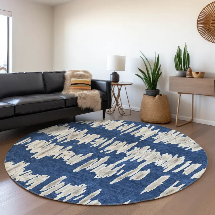 8' Navy Blue Gray And Ivory Round Striped Washable Indoor Outdoor Area Rug