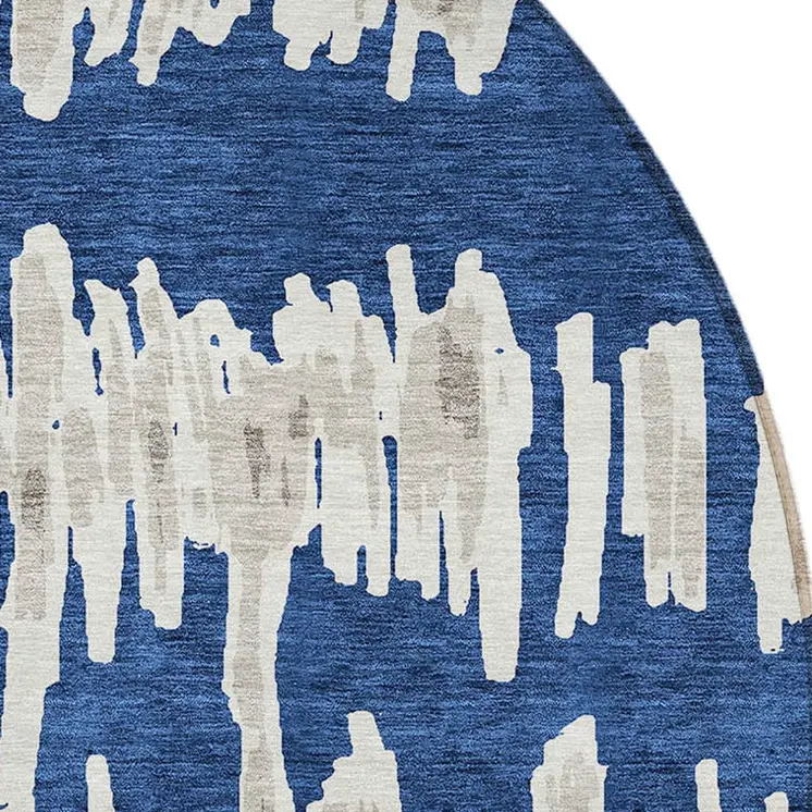 8' Navy Blue Gray And Ivory Round Striped Washable Indoor Outdoor Area Rug