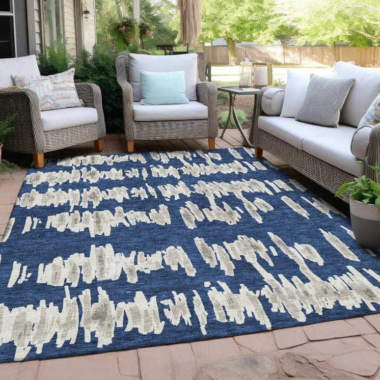 8' X 10' Navy Blue Gray And Ivory Striped Washable Indoor Outdoor Area Rug