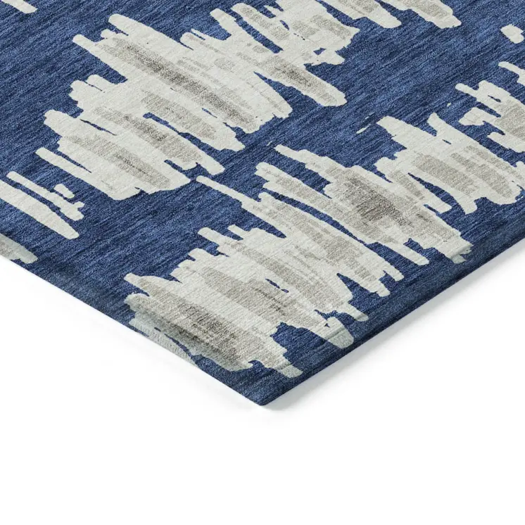 8' X 10' Navy Blue Gray And Ivory Striped Washable Indoor Outdoor Area Rug
