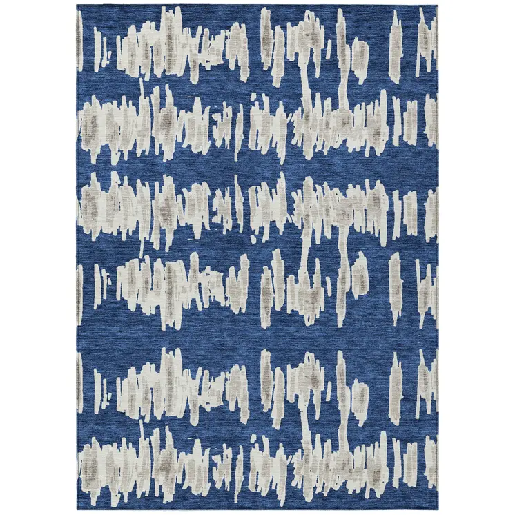10' X 14' Navy Blue Gray And Ivory Striped Washable Indoor Outdoor Area Rug