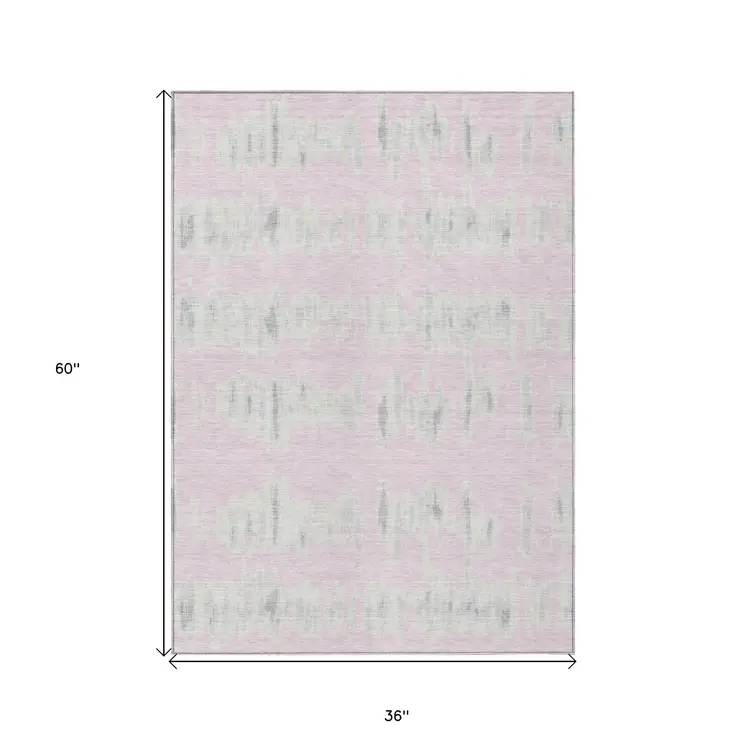 3' X 5' Pink And Gray Striped Washable Indoor Outdoor Area Rug