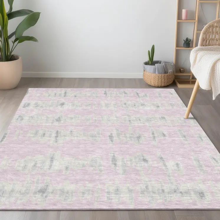 9' X 12' Pink And Gray Striped Washable Indoor Outdoor Area Rug