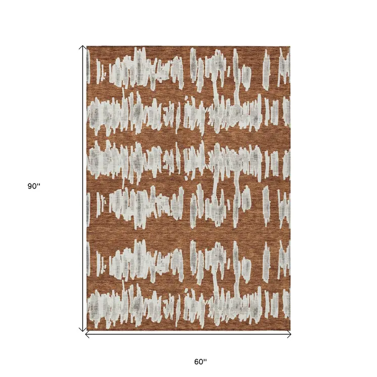 5' X 8' Brown And Gray Striped Washable Indoor Outdoor Area Rug