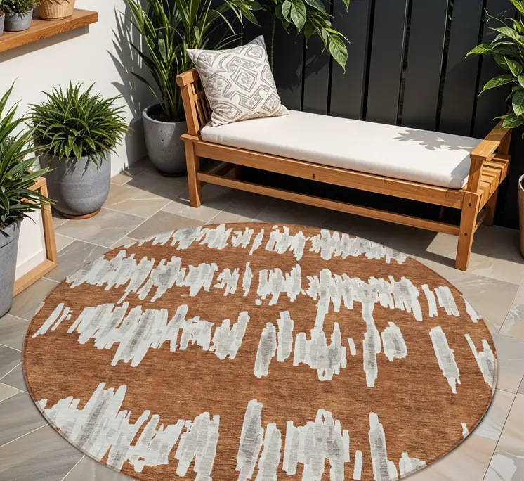 8' Brown And Gray Round Striped Washable Indoor Outdoor Area Rug