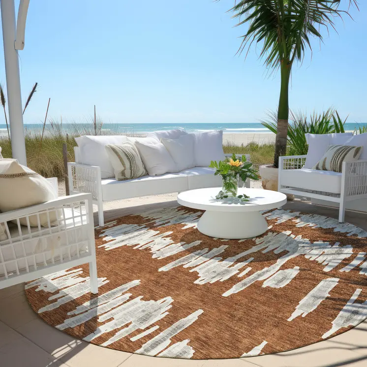 8' Brown And Gray Round Striped Washable Indoor Outdoor Area Rug
