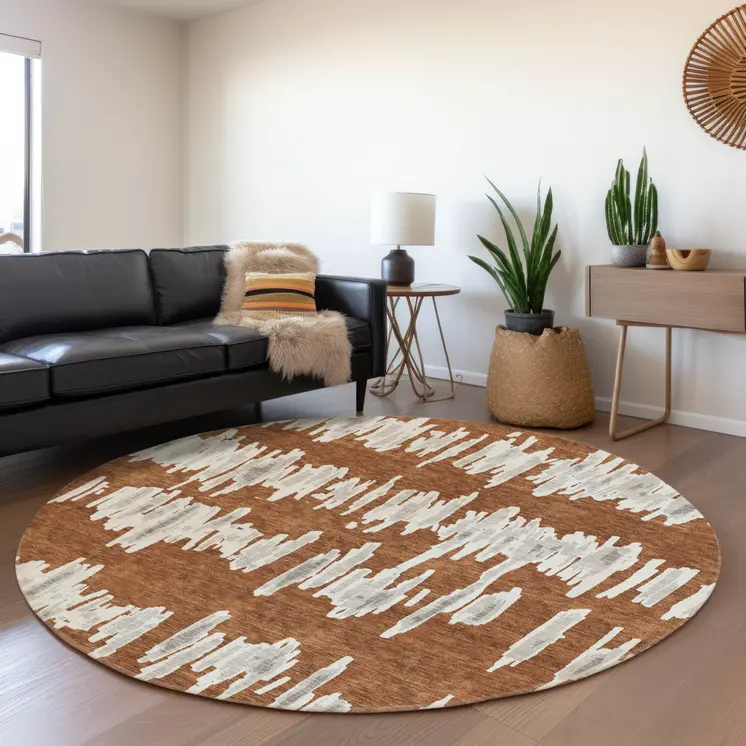 8' Brown And Gray Round Striped Washable Indoor Outdoor Area Rug
