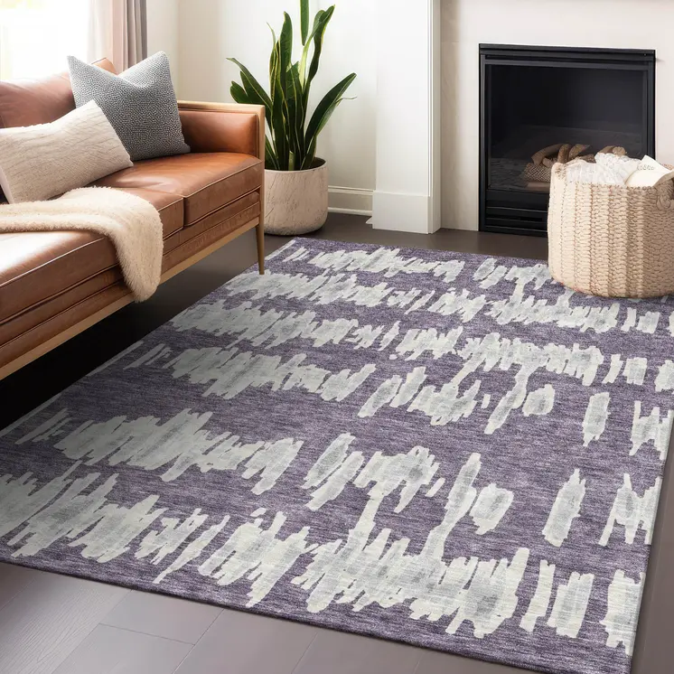 5' X 8' Purple And Gray Striped Washable Indoor Outdoor Area Rug