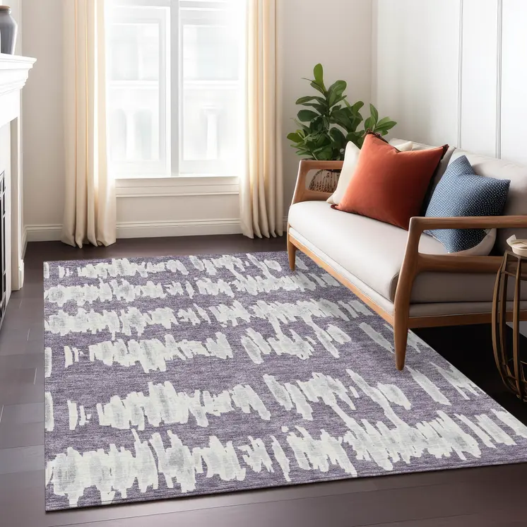 5' X 8' Purple And Gray Striped Washable Indoor Outdoor Area Rug