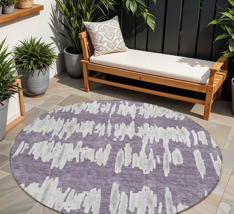 8' Purple And Gray Round Striped Washable Indoor Outdoor Area Rug
