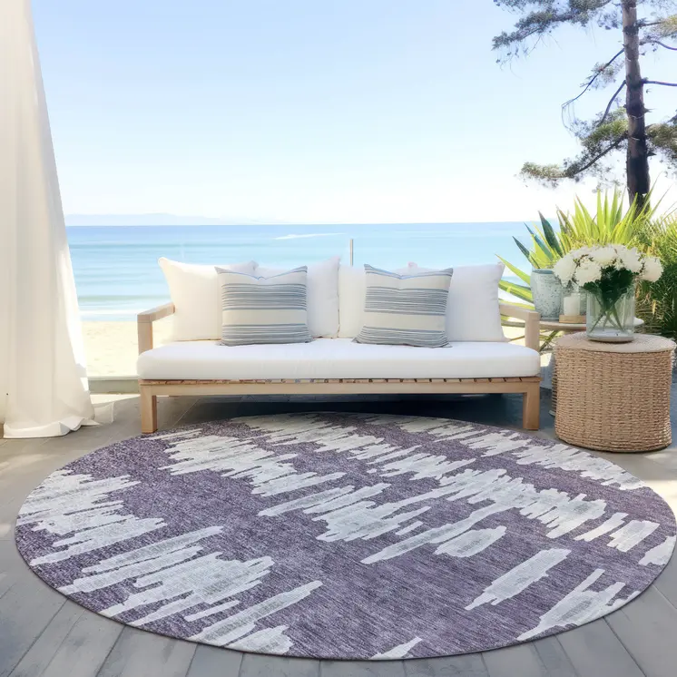 8' Purple And Gray Round Striped Washable Indoor Outdoor Area Rug