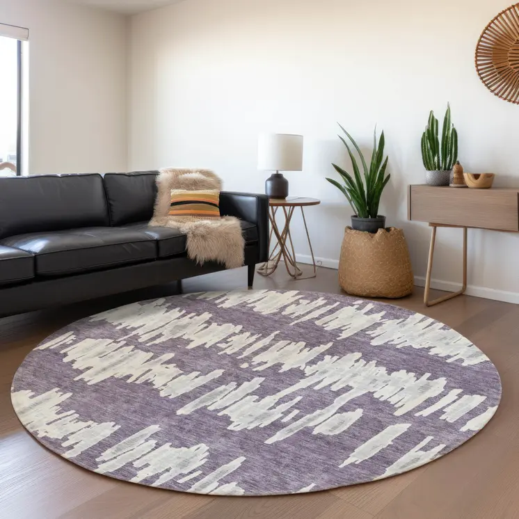 8' Purple And Gray Round Striped Washable Indoor Outdoor Area Rug