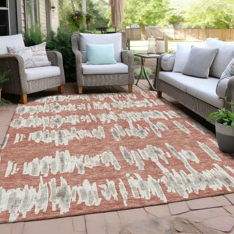 5' X 8' Salmon And Gray Striped Washable Indoor Outdoor Area Rug