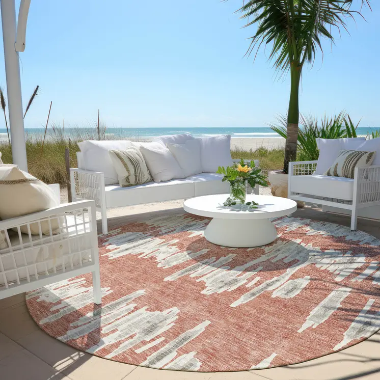 8' Salmon And Gray Round Striped Washable Indoor Outdoor Area Rug