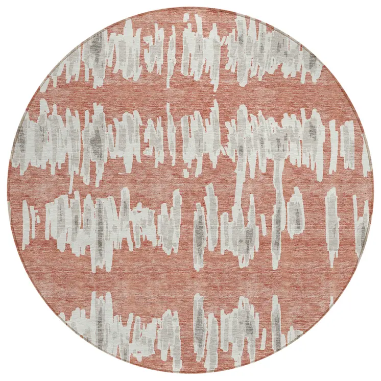 8' Salmon And Gray Round Striped Washable Indoor Outdoor Area Rug